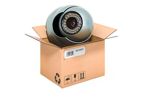 Dome security camera inside cardboard box, delivery concept. 3D rendering 스톡 일러스트