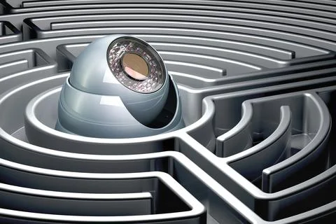 Dome security camera inside labyrinth maze. 3D rendering Stock Illustration
