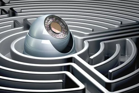 Dome security camera inside labyrinth maze. 3D rendering Dome security cam... Stock Photos