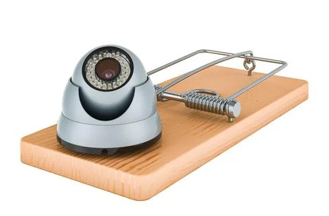 Dome security camera inside mousetrap, 3D rendering Stock Illustration