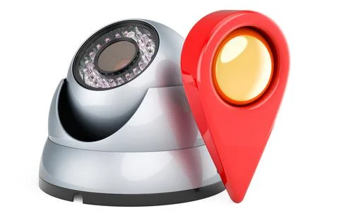 Dome security camera with map pointer. 3D rendering Illustrazione stock
