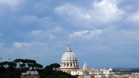 Dome of St. Peter, Vatican City, Rome. Birds flying by, sunny sky, may 2019 Stock Footage 116609185