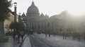 Dome of St Peter's Basilica church in sunset beams, tourists walking to Vatican HD Footage