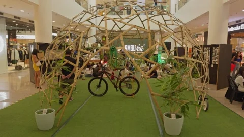 A dome structure made out of Bamboo, featured during free public workshops Stock Footage 284516937