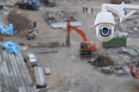 Dome type outdoor cctv camera, secure construction site. Stock Photos