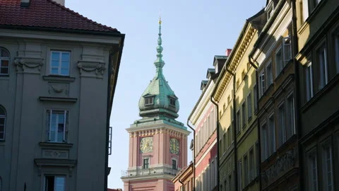 Domed Clock Tower Of The Royal Castle In Warsaw, Poland. - wide shot Stock Footage 344346943