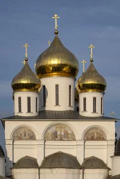 Domes of the ancient Assumption Cathedral in close-up, Dmitrov Kremlin Stock Photos