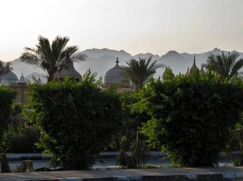 Domes of the entertainment complex against the background of mountains in t.. Stock Photos