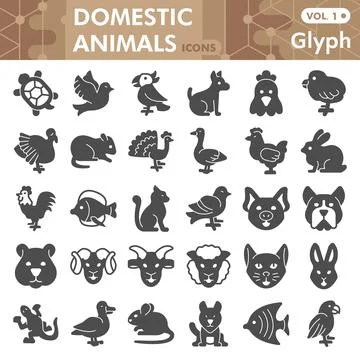Domestic animals solid icon set, pets symbols collection or sketches. Farm Stock Illustration
