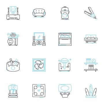 Domestic electronics linear icons set. Television, Kitchen, Vacuum, Blender Stock Illustration