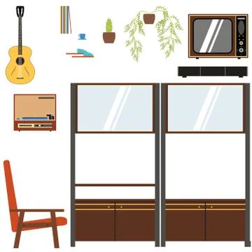 Domestic interior isolated objects in the style of 70's illustration Stock Illustration
