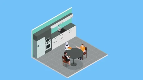 Domestic Robot Helping Cooking on Kitchen Stock Footage 255017238