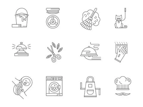 Domestic staff flat line vector icons set Stock Illustration