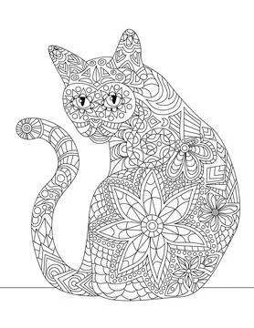 Domesticated Cat Sitting Looking Back With Long Tail Colorless Line Drawing Stock Illustration