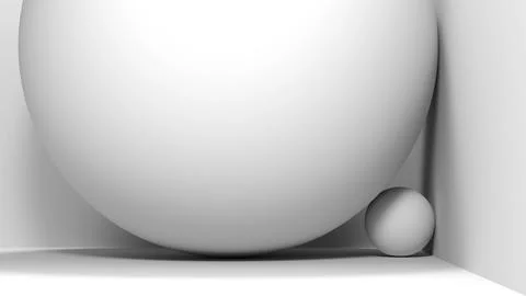 A dominant large white sphere in a corner beside a smaller sphere. 3d render Stock Illustration