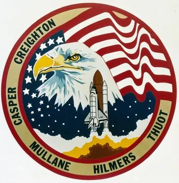 The dominant theme of the STS-36, designed by the five astronaut crewmembe... 스톡 사진