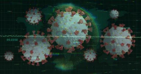Dominating 3D viral particle with red-orange spikes floating in virtual dashb Illustration