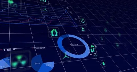 Dominating big blue donut chart highlighting segment on navy grid plane, with Stock Illustration