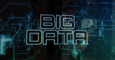 Dominating 'BIG DATA' text glowing on dark dashboard, with circuit lines and hex Stock Photos