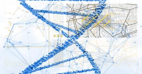 Dominating blue DNA double helix crossing digital dashboard, showing map grid, Stock Illustration