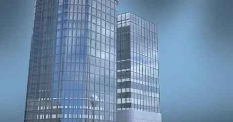 Dominating curved and rectangular glass towers rising in urban area, showing Stock Photos