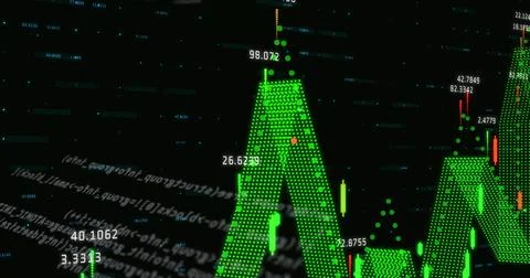 Dominating dark screen green dotted 3D chart forming peaks, showing green red Stock Illustration