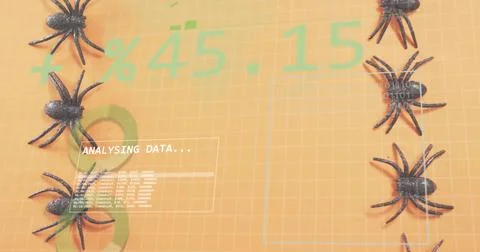 Dominating data overlay showing ANALYSING DATA panel on orange grid, with bla Stockillustratie