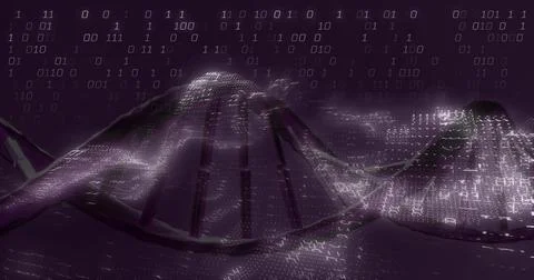 Dominating glossy DNA double helix waving across virtual space, with binary Stock Illustration