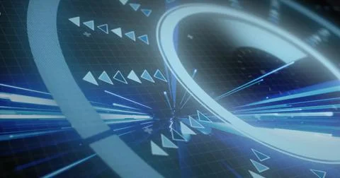 Dominating glowing white-blue ring pulsing on virtual grid, with radial streaks Illustrazione stock