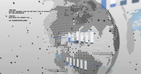 Dominating halftone dotted globe displaying bar charts, code blocks in digital Stock Illustration