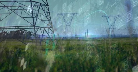 Dominating high-voltage tower extending lines across grassy field with binary Stock Photos