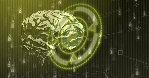 Dominating metallic brain floating left of center in digital grid, with neon Stock Illustration