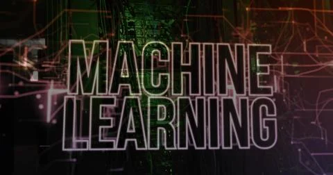 Dominating outlined MACHINE LEARNING title glowing over circuit backdrop with 스톡 일러스트