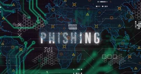 Dominating PHISHING label over map at security interface, with neon circuits and Ilustração Stock