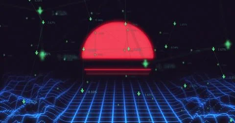 Dominating red semi-circle horizon soaring above 3D data grid with green arrows Stock Illustration