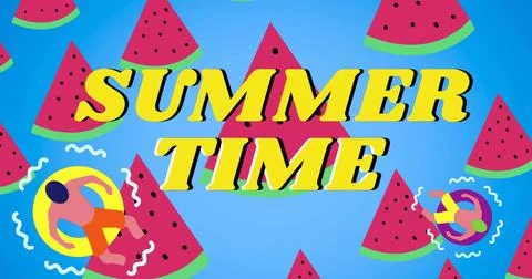 Dominating SUMMER TIME text on blue, watermelon slices around figures in 库存插图