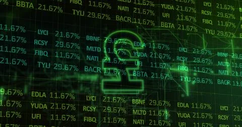 Dominating trading interface, glowing pound symbol pulsing above neon green grid 스톡 일러스트