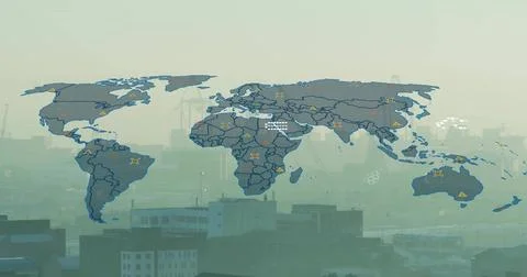 Dominating translucent map overlay covering hazy port skyline, showing markers Stockillustratie