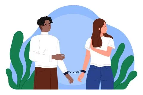 Domination and control in couples and family, woman showing stop gesture to sad Stock Illustration