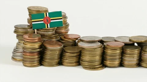 Dominica flag waving with stack of money coins Video stock 71870346