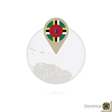 Dominical map and flag in circle. Map of Dominica, Dominica flag pin. Map o.. Ilustración de archivo