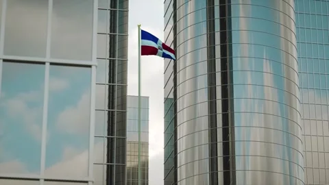Dominican Republic Flag 3D Render Animation on Pole with City Buildings Stock-Footage 332885913