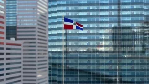Dominican Republic Flag 3D Render Animation Waving Against Glass Office Buil Stock Footage 333077985
