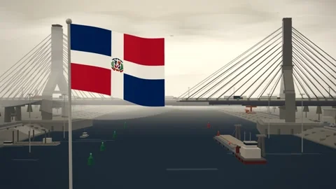 Dominican Republic Flag Flying Over Cable Stayed Bridge River seamless loop Stock Footage 345855653