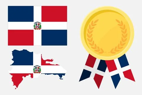 Dominican Republic flag with map and gold medal in set for web and banners .. Stock Illustration
