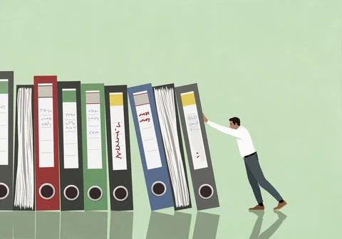Domino effect - businessman pushing document files against green background Stock Illustration