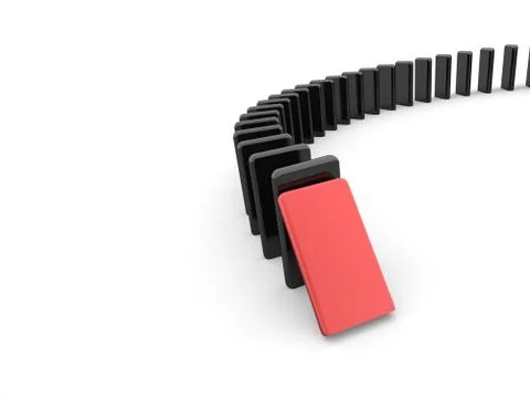Domino effect concept one is red on white background Stock Illustration