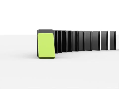 Domino effect rendered first is green isolated on white background Stock Illustration