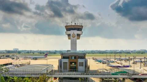 Don-Muang air traffic control tower in airport with clear blue sky, Bangkok, Stock Photos