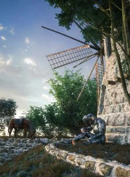 Don Quixote and windmill conception illustration 3d composition Stock Illustration